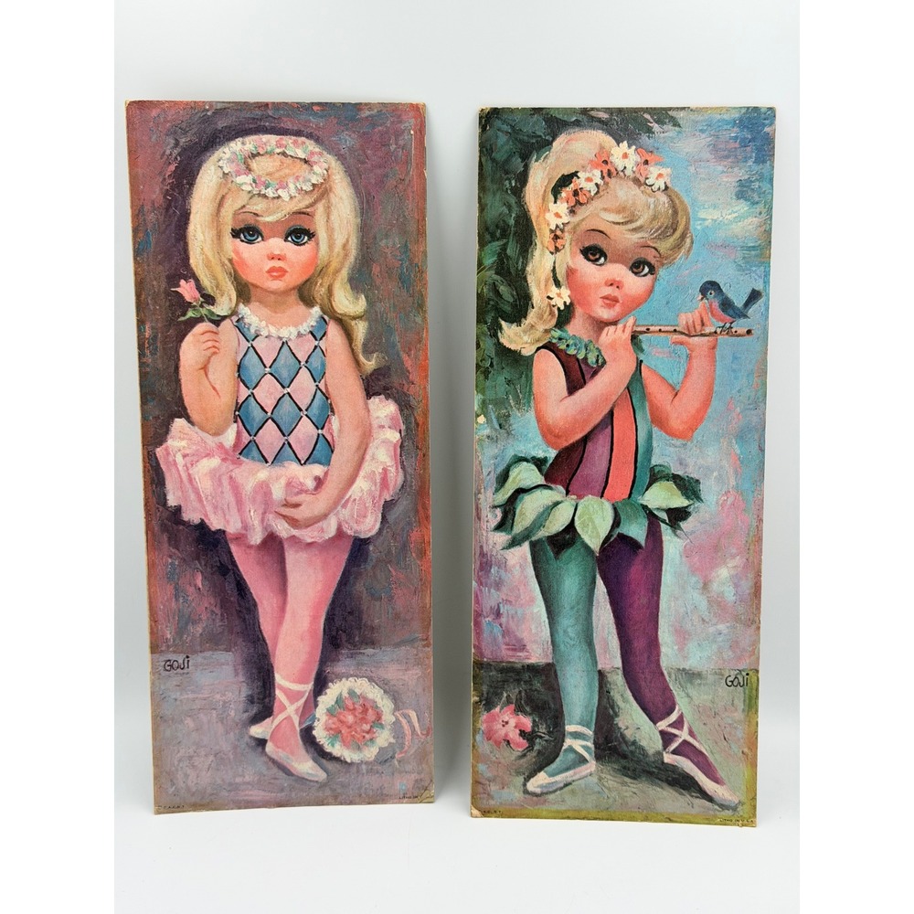 Vintage Goji Big Eye Lithograph Prints Set 2 Harlequin Girls D.A.C. NY 6x15